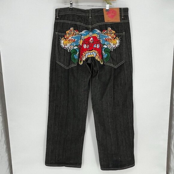 Ed Hardy Rare Y2K Baggy Jeans Men’s 38  Japan Serpent Snakes Tigers Black Denim - Picture 3 of 11